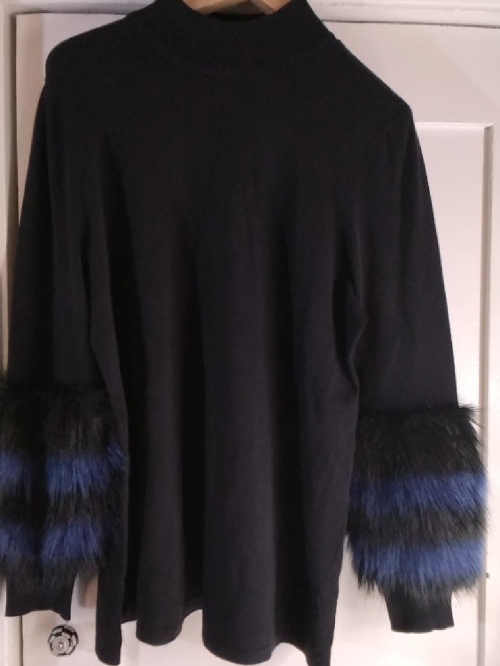 Alfani Black Sweater with Blue and Black Faux Fur Cuffs